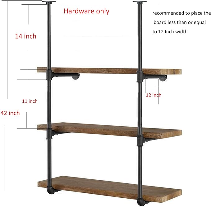 Yuanshikj 2Pc (42" tall 12" deep, 3/4") Industrial Wall Mount iron Pipe Shelf Shelves Shelving Bracket Vintage Retro Black DIY Open Bookshelf Storage Home Kitchen (2 Pcs 3Tier Hardware only) - LeafyLoom