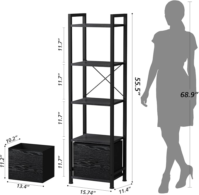 Narrow-Bookshelf-With-Storage-Drawer, 5-Tier Small Standing Book Shelf Organizer For Small Space, Tall Thin Bookcase Shelf For Bedroom Living Room Office, Wooden Shelving Unit Rack For Display - LeafyLoom