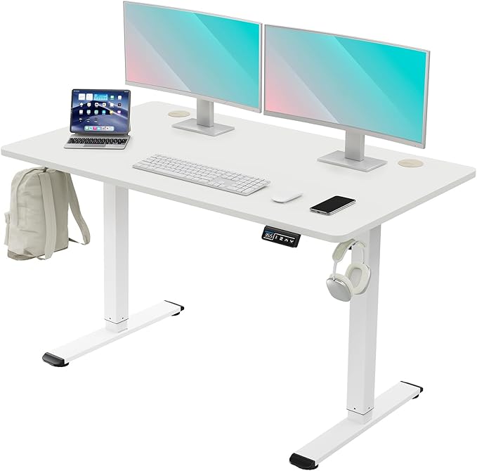 MOUNTUP Height Adjustable Electric Standing Desk Whole-Piece, 48 x 24 Inches Quick Assembly Sit Stand Desk, Stand Up Desk with Memory Controller, Ergonomic Desk, White - LeafyLoom
