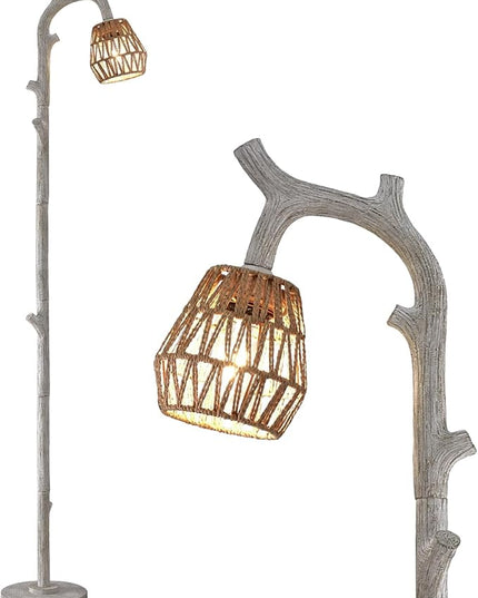 OYEARS Retro Farmhouse Rattan Floor Lamp for Living Room Rustic Standing Lamps Tree Trunk Deco Modern Country Vintage Wood Grain 64.25" Tall Corner Floor Lamp Bedroom Office - LeafyLoom