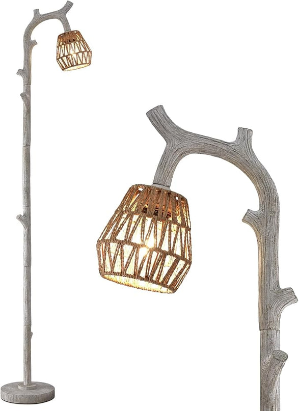 OYEARS Retro Farmhouse Rattan Floor Lamp for Living Room Rustic Standing Lamps Tree Trunk Deco Modern Country Vintage Wood Grain 64.25" Tall Corner Floor Lamp Bedroom Office - LeafyLoom