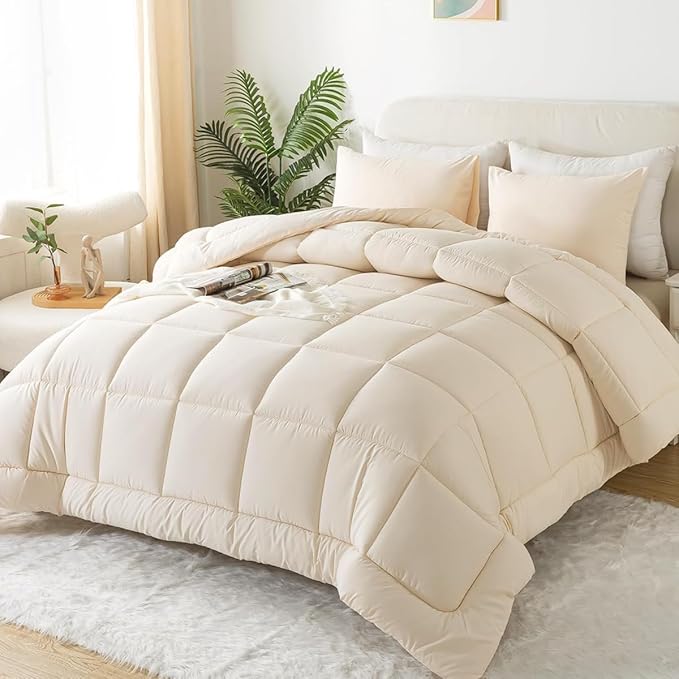 WhatsBedding Twin Comforter Set, Beige Lightweight Bedding Set for All Season Soft Down Alternative Bed Set with 1 Pillowcase, Twin Size, 64"x88" - LeafyLoom