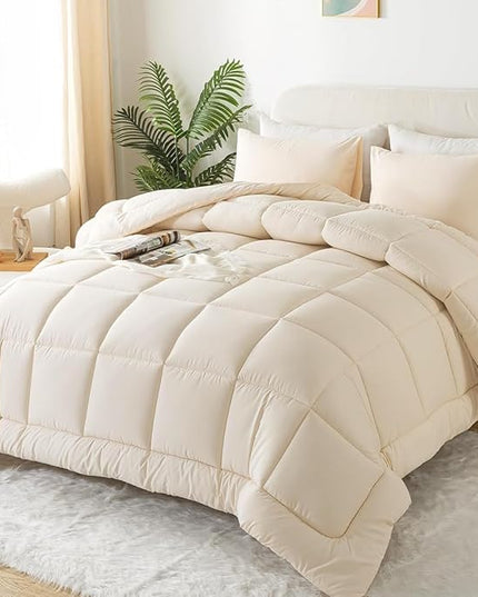 WhatsBedding Queen Comforter Set, Beige Lightweight 3 Pieces Bedding Set for All Season Soft Down Alternative Bed Set with 2 Pillowcases, Queen Size, 88"x90" - LeafyLoom