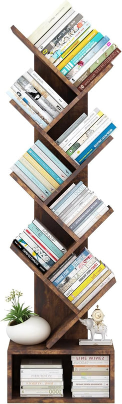 Tree Bookshelf with Storage, 8 Tier Wooden Tall Book Shelf, Floor Standing Bookcase for Kids and Adults, Utility Organizer Shelves for Living Room, Bedroom, Home Office, Brown - LeafyLoom
