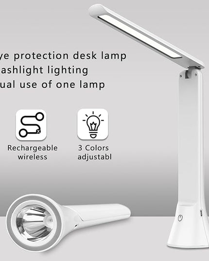 Rechargeable Desk Lamp with Flashlight Function, Battery Powered Desk Lamps for Home Office, Portable Foldable LED Desk Lamps, Cordless Desk Lamps, Small Lamps for Small Spaces, White - LeafyLoom