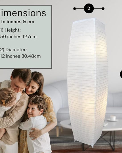 LIGHTACCENTS Japanese Style Rice Paper Floor Lamp - 50 Inches Tall Living Room Paper Lamp with White Paper Shade and Chrome Base, On/Off Foot Switch - Ideal as Paper Floor Lamps for Living Room - LeafyLoom