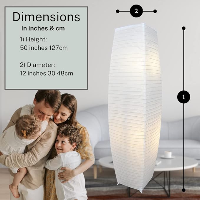 LIGHTACCENTS Japanese Style Rice Paper Floor Lamp - 50 Inches Tall Living Room Paper Lamp with White Paper Shade and Chrome Base, On/Off Foot Switch - Ideal as Paper Floor Lamps for Living Room - LeafyLoom