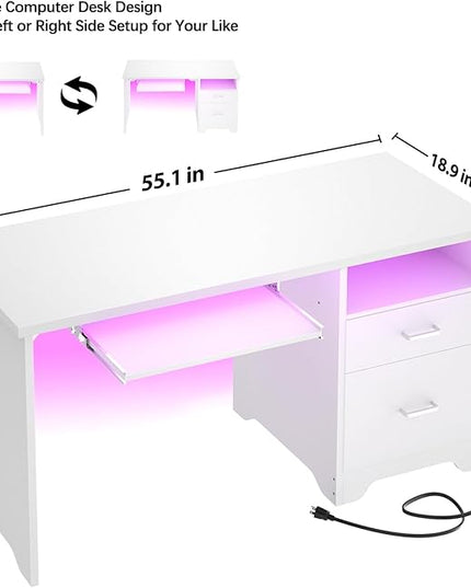 Reversible Computer Desk with File Drawers, 55 Inch Office Desk with RGB LED Light and Power Outlet, Sturdy Writing Desk with Keyboard Tray, Modern Study Table for Workstation Bedroom, White - LeafyLoom