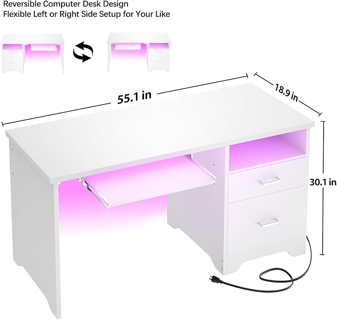Reversible Computer Desk with File Drawers, 55 Inch Office Desk with RGB LED Light and Power Outlet, Sturdy Writing Desk with Keyboard Tray, Modern Study Table for Workstation Bedroom, White - LeafyLoom