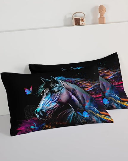 HOSIMA 3 Pieces Art Horse Comforter with 2 Pillowcases,Wildlife Horse Butterfly Black Comforter Set Boys Teens Aesthetic Room Decor,Animal Bedding King Size Comforter Set for adults. - LeafyLoom