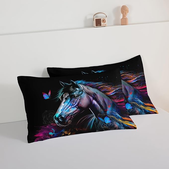 HOSIMA 3 Pieces Art Horse Comforter with 2 Pillowcases,Wildlife Horse Butterfly Black Comforter Set Boys Teens Aesthetic Room Decor,Animal Bedding King Size Comforter Set for adults. - LeafyLoom