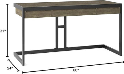 SIMPLIHOME Erina SOLID WOOD and Metal Modern Industrial 60 inch Wide Home Office Desk, Writing Table, Workstation, Study Table Furniture in Distressed Grey with 2 Drawers - LeafyLoom