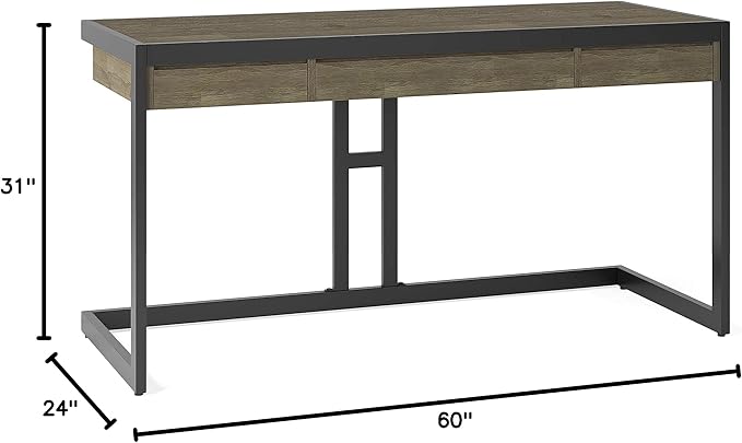 SIMPLIHOME Erina SOLID WOOD and Metal Modern Industrial 60 inch Wide Home Office Desk, Writing Table, Workstation, Study Table Furniture in Distressed Grey with 2 Drawers - LeafyLoom
