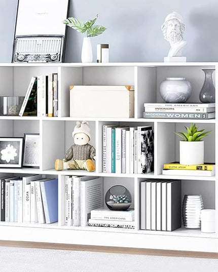IOTXY Open Shelf Low Bookcase - Wooden 3-Tier Floor Standing Display Cabinet Organizer with Base, 10 Cubes Short Horizontal Bookshelf in Warm White - LeafyLoom