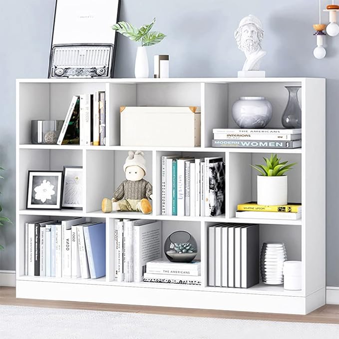 IOTXY Open Shelf Low Bookcase - Wooden 3-Tier Floor Standing Display Cabinet Organizer with Base, 10 Cubes Short Horizontal Bookshelf in Warm White - LeafyLoom