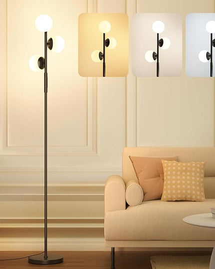 LED Floor Lamp for Living Room, 3 Globe Bright Standing Lamp with Remote, 4 Color Temterapure Dimmable Bedroom Lamp Modern Floor Lamp Tall Lamp for Bedroom/Office, 24W, 2700-6500K, Black - LeafyLoom