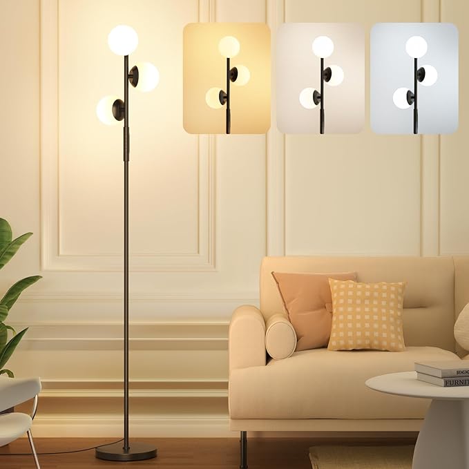 LED Floor Lamp for Living Room, 3 Globe Bright Standing Lamp with Remote, 4 Color Temterapure Dimmable Bedroom Lamp Modern Floor Lamp Tall Lamp for Bedroom/Office, 24W, 2700-6500K, Black - LeafyLoom