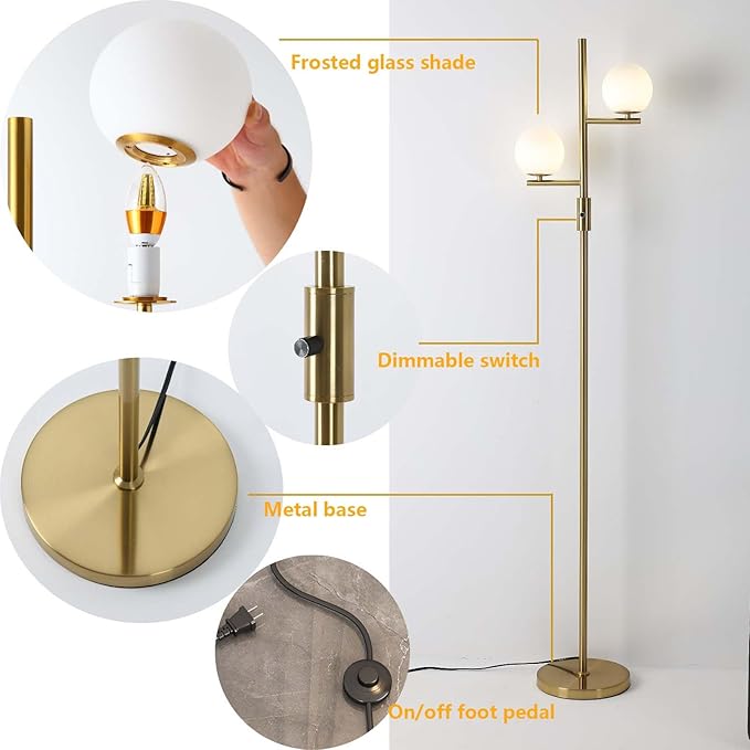 Dimmable Floor Lamp,Modern Floor Lamp,Gold Floor Lamp,Mid-Century Floor Lamps,Frosted Glass Stand Up Lamp for Living Room, Bedroom,Office,Contemporary LED Tall Pole Lamp Indoor - LeafyLoom