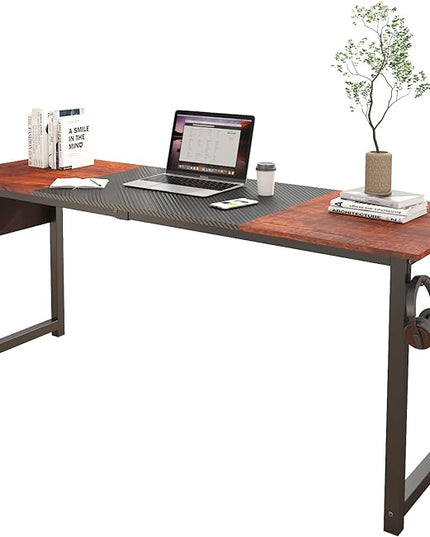 71 Inch Home Office Computer Two-Color Panel Desk with Storage Bag and Hook, Black, Sandalwood Color, Industrial Modern Laptop Desk - LeafyLoom