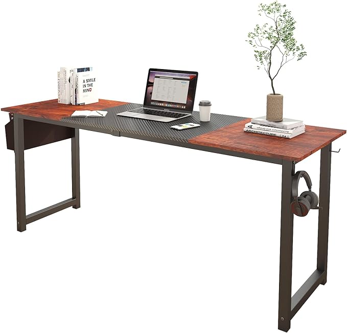 71 Inch Home Office Computer Two-Color Panel Desk with Storage Bag and Hook, Black, Sandalwood Color, Industrial Modern Laptop Desk - LeafyLoom
