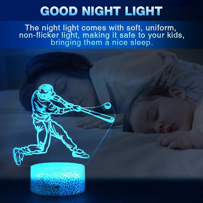 LETOUR Night Light for Kids Baseball 3D Night Light Porpoise Illusion Lamp with Remote Control 16 Color Changing Xmas Halloween Birthday Gift for Child Baby Boy (Remote - Ice Crack Base) - LeafyLoom