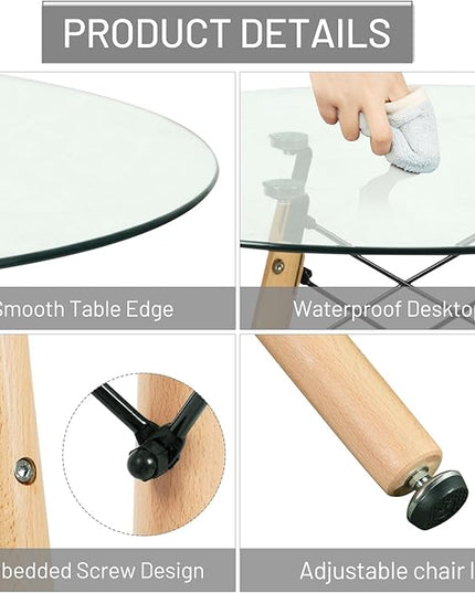 FurnitureR 31.5 Inch Modern Round Dining Table Glass with Wooden Legs for Home Kitchen Living Room Corner Small Spaces Leisure - LeafyLoom