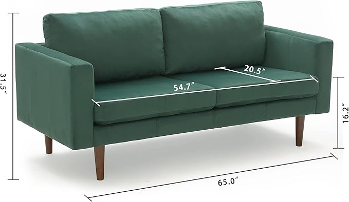 Dreamsir 65'' Velvet Sofa Couch, Mid-Century Modern Sofa Loveseat with Solid Wooden Frame & Padded Cushions, 2-Seater Love Seat for Living Room, Apartment, Lounge Room (Vintage Green) - LeafyLoom