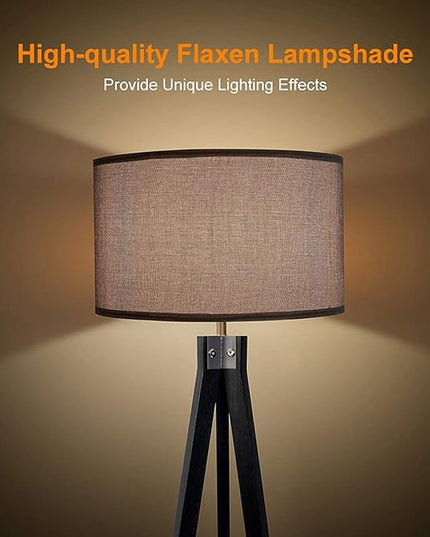 LEPOWER Wood Tripod Floor Lamp, Mid Century Standing Lamp, Modern Design Standing Lamp for Living Room, Bedroom, Study Room and Office, Flaxen Lamp Shade with E26 Lamp Base（Black） - LeafyLoom