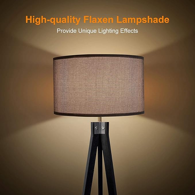 LEPOWER Wood Tripod Floor Lamp, Mid Century Standing Lamp, Modern Design Standing Lamp for Living Room, Bedroom, Study Room and Office, Flaxen Lamp Shade with E26 Lamp Base（Black） - LeafyLoom