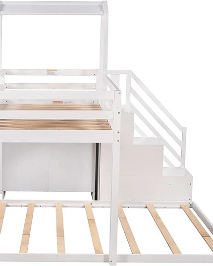 Stairway Twin over Full House Bunk Bed with Storage Shelves & Roof Design,Wooden Bunkbeds wtih Safety Guardrails for Kids/Teen/Adults Bedroom,Space Saving, White - LeafyLoom