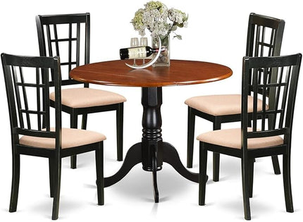 East West Furniture DLNI5-BCH-C 5 Piece Room Set Includes a Round Dining Table with Dropleaf and 4 Linen Fabric Upholstered Chairs, 42x42 Inch - LeafyLoom