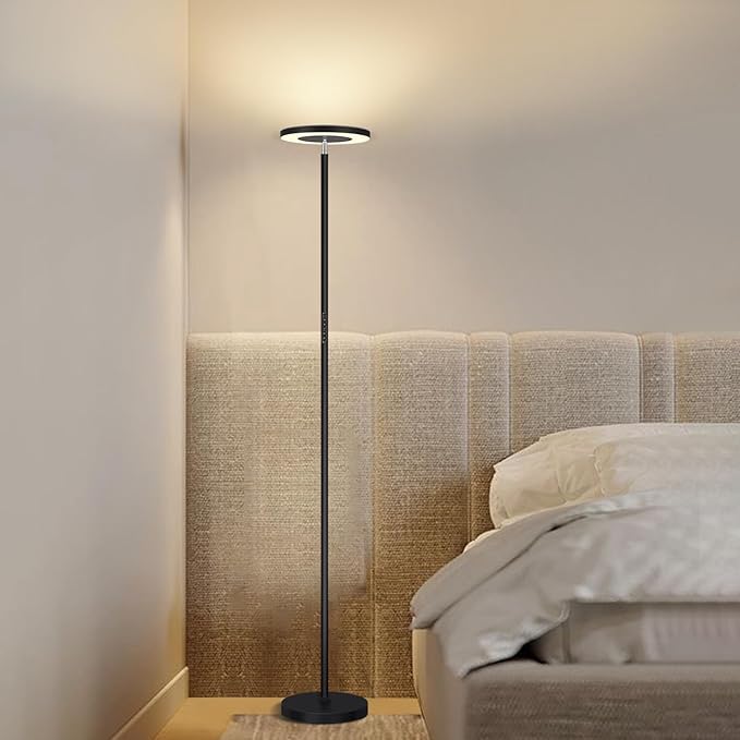 OUTON LED Torchiere Floor Lamp, Super Bright Dimmable Tall Standing Lamp with Remote Touch Control, 4 Color Temperatures, 1-Hour Timer for Living Room, Bedroom, Office (Classic Black) - LeafyLoom