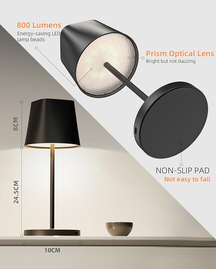 Quntis Cordless Small Table Lamp, Battery Powered Lamp Rechargeable Touch LED Desk Lamp with Dimmer for Restaurant/Bedroom/Bars/Outdoor Party/Camping/Coffee Shop Night Light, Carbon Black - LeafyLoom
