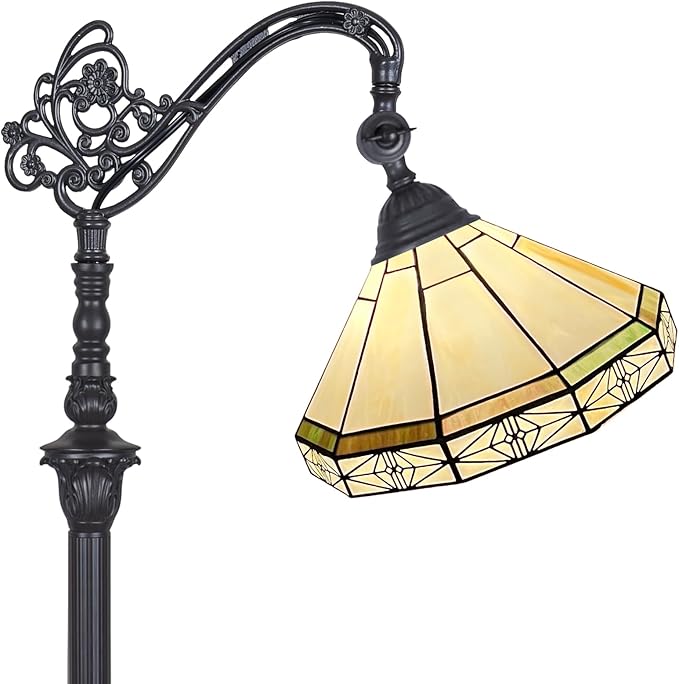 Capulina Tiffany Floor Lamp Antique Cream Style Stained Glass Soft Light Arched Gooseneck Adjustable Angle Reading Standing Lamp for Living Room Bedroom Home Office - LeafyLoom