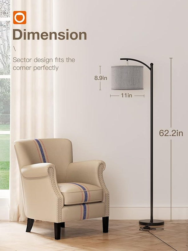 addlon Floor Lamp for Living Room with 3 Color Temperatures, Standing lamp with Linen lampshade for Bedroom, Office, Lamps with 9W LED Bulb Included - Black with Gray Lampshade - LeafyLoom