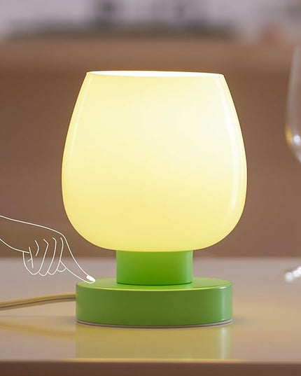 Touch Bedside Table Lamp - Modern Small Lamp for Bedroom Living Room Nightstand, Desk lamp with White Opal Glass Lamp Shade, Warm LED Bulb Included, 3 Way Dimmable, Simple Design Green - LeafyLoom