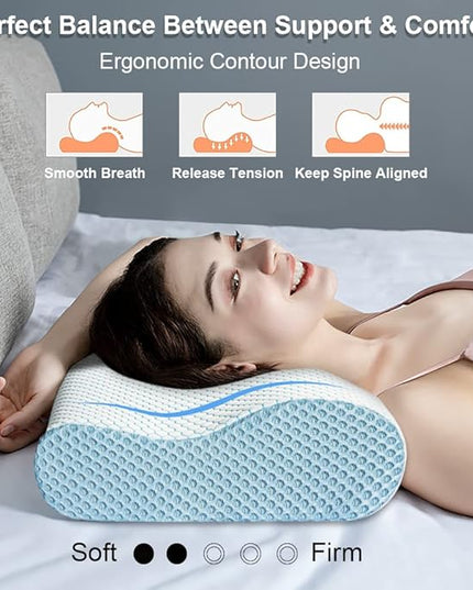 Anvo Memory Foam Pillow, Neck Contour Cervical Orthopedic Pillow for Sleeping Side Back Stomach Sleeper, Ergonomic Bed Pillow for Neck Pain - Blue White, Soft - LeafyLoom