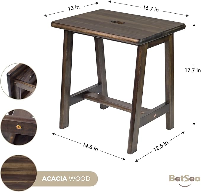 Rectangular Acacia Wood Stool (16.7" D x 13" W x 17.7" H) Small Bench Seat, Small End Table Stool, Bathroom Stool Wood, Plant Stool, Makeup Stool, Perfect Size for Living Room,Bathroom (Walnut Color) - LeafyLoom