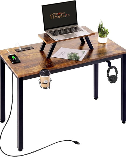 Computer Desk with Power Strip and Monitor Stand, 40" Desk for Home Office Small Space, Small Writing Desk Study Table Workstation with Cup Holder Headphone Hook, Easy Assembly - LeafyLoom