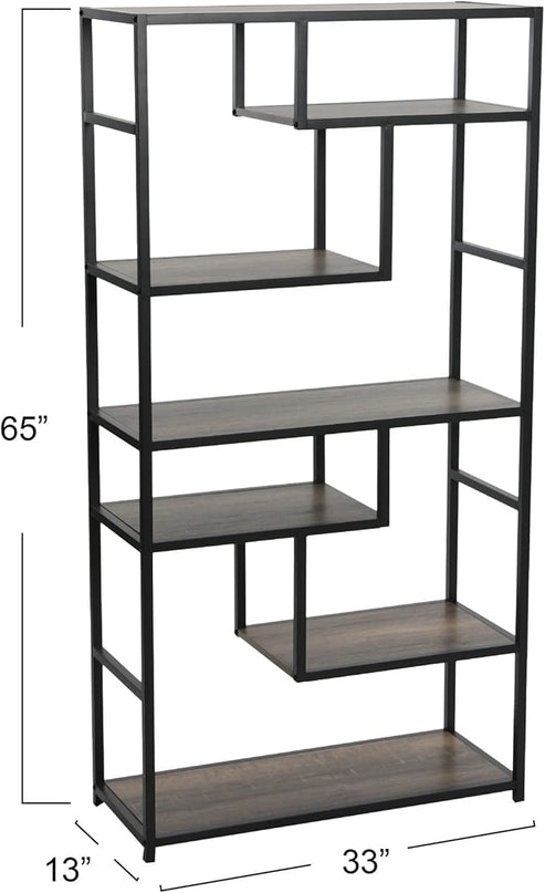 Household Essentials Jamestown Tall 6 Shelf Open Storage Bookshelf Ashwood Rustic Wood Grain and Black Metal - LeafyLoom