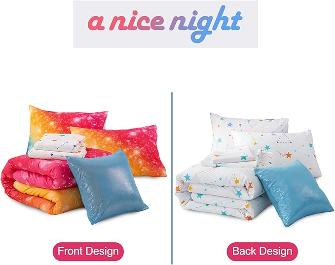 A Nice Night Gradient Glitter 6Pcs Bed in A Bag Bedding Set for Girls Twin Size, Colorful Rainbow Galaxy Comforter Set, Ultra Soft Bedding Sets, YellowBlue - LeafyLoom