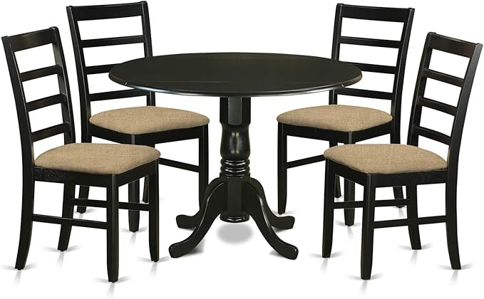 East West Furniture DLPF5-BLK-C Dublin 5 Piece Set for 4 Includes a Round Kitchen Table with Dropleaf and 4 Linen Fabric Dining Room Chairs, 42x42 Inch, Black - LeafyLoom