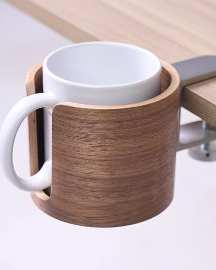 urbanplus Desk Cup Holder, Anti-Spill Walnut Wood Cup Holder for Desk with Aluminium Clamp, Office Desk Accessories, Gaming Desk Accessories, Computer Desk Accessories - LeafyLoom