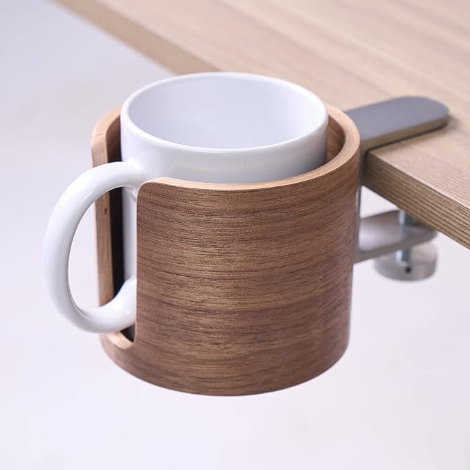 urbanplus Desk Cup Holder, Anti-Spill Walnut Wood Cup Holder for Desk with Aluminium Clamp, Office Desk Accessories, Gaming Desk Accessories, Computer Desk Accessories - LeafyLoom