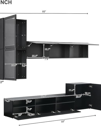 Merax High Gloss TV Stand with Wall Mounted Floating Storage Cabinets, Media Console for Television Up to 75" Versatile Entertainment Center, for Living Room, 93 inch Length, Black - LeafyLoom