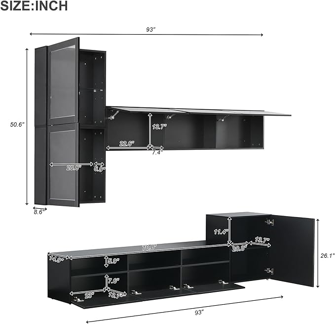 Merax High Gloss TV Stand with Wall Mounted Floating Storage Cabinets, Media Console for Television Up to 75" Versatile Entertainment Center, for Living Room, 93 inch Length, Black - LeafyLoom