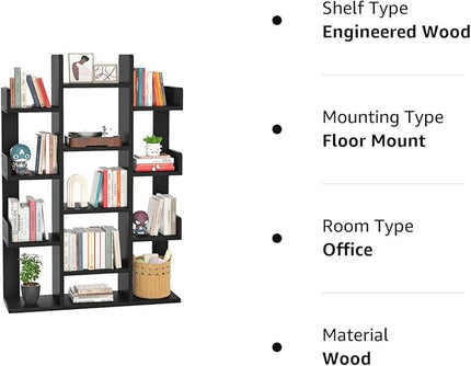 Aheaplus Bookshelf, Tree-Shaped Bookcase Storage Shelf with 13 compartments, Books Organizer Display Cube Shelves, Industrial Free Floor Standing Wood Open Bookshelves, Black - LeafyLoom