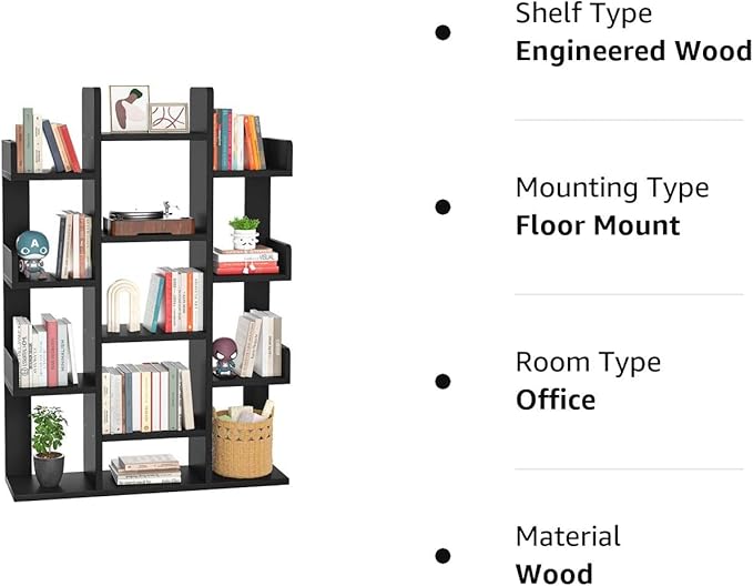 Aheaplus Bookshelf, Tree-Shaped Bookcase Storage Shelf with 13 compartments, Books Organizer Display Cube Shelves, Industrial Free Floor Standing Wood Open Bookshelves, Black - LeafyLoom