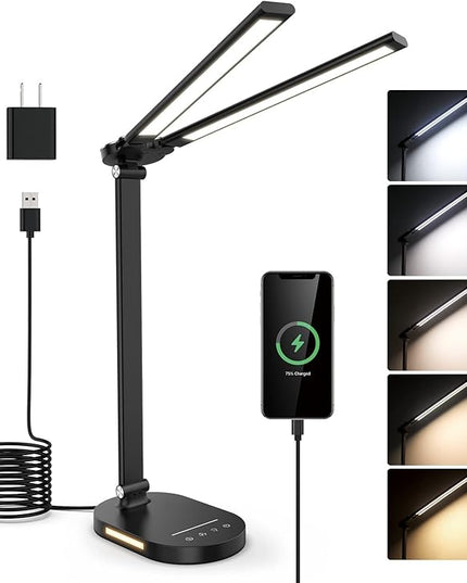 Double Head LED Desk Lamp with USB Charging - 5 Color Modes, Memory Function - Ideal for Home Office Desk Lamp, Multi-Angle Adjustable and Foldable Design Table Lamp- Black - LeafyLoom