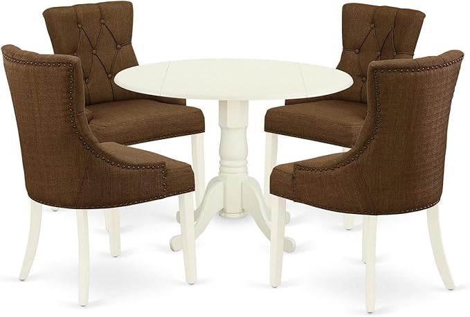 East West Furniture Dublin 5 Piece Kitchen Set for 4 Includes a Round Dining Room Table with Dropleaf and 4 Brown Linen Fabric Upholstered Chairs, 42x42 Inch, DLFR5-WHI-18 - LeafyLoom